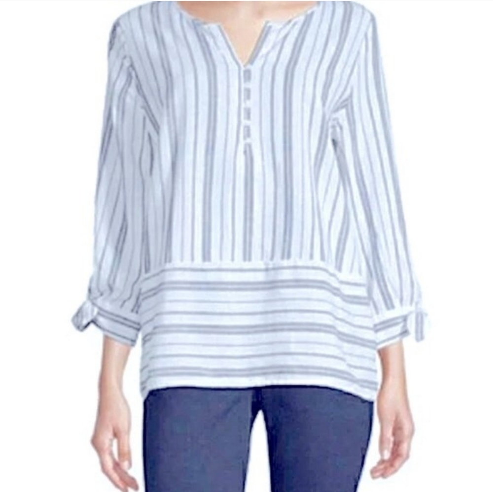 Liz Claiborne Popover Tunic Top Womens XL Blue White Linen Blend Nautical Stripe